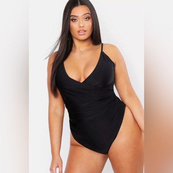 NWT Boohoo plus control wrap over black one piece swimsuit - Picture 1 of 8